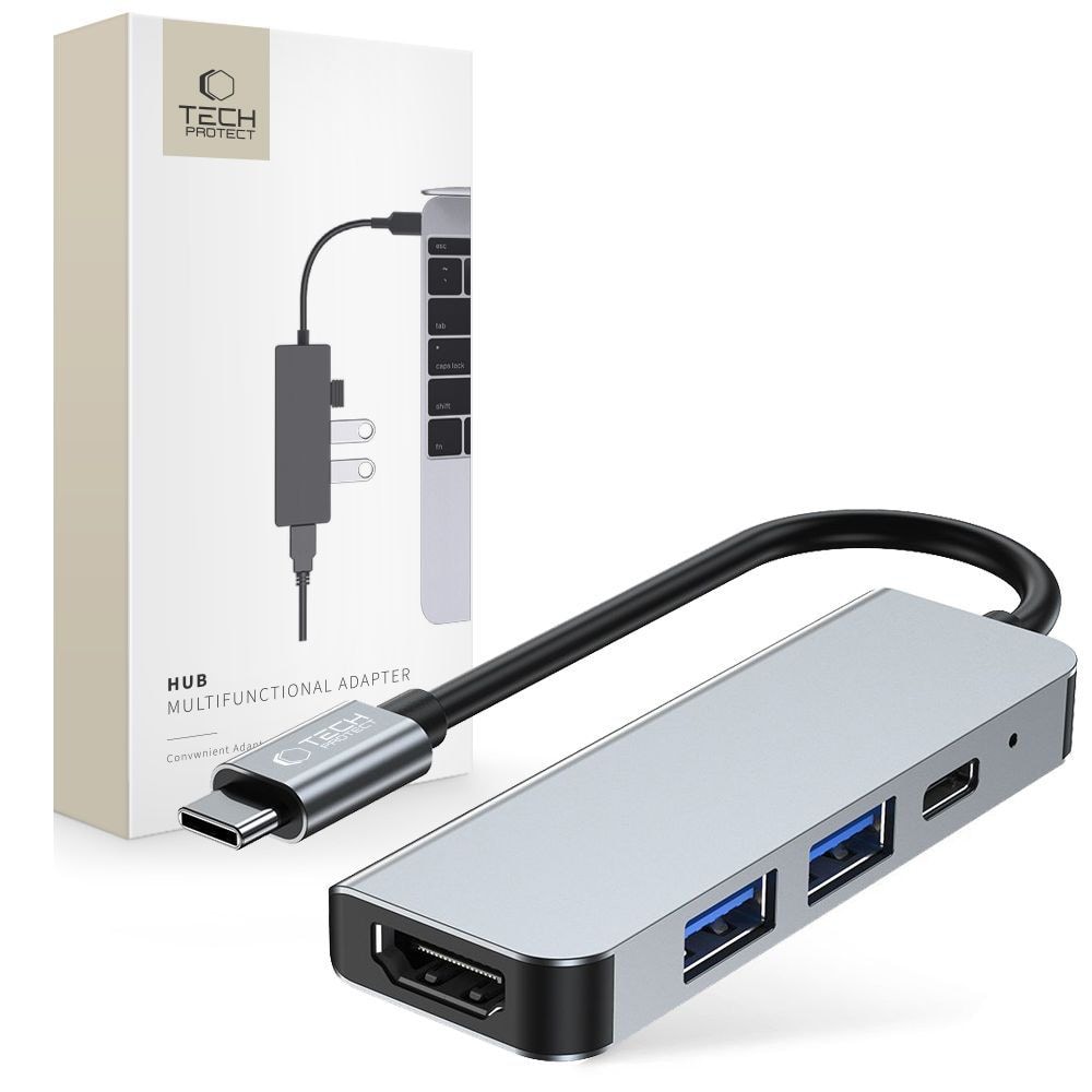 HUB Tech-Protect V2 4in1 USB-C - USB-A 3.0 / USB-A 2.0 / USB-C / HDMI - grå