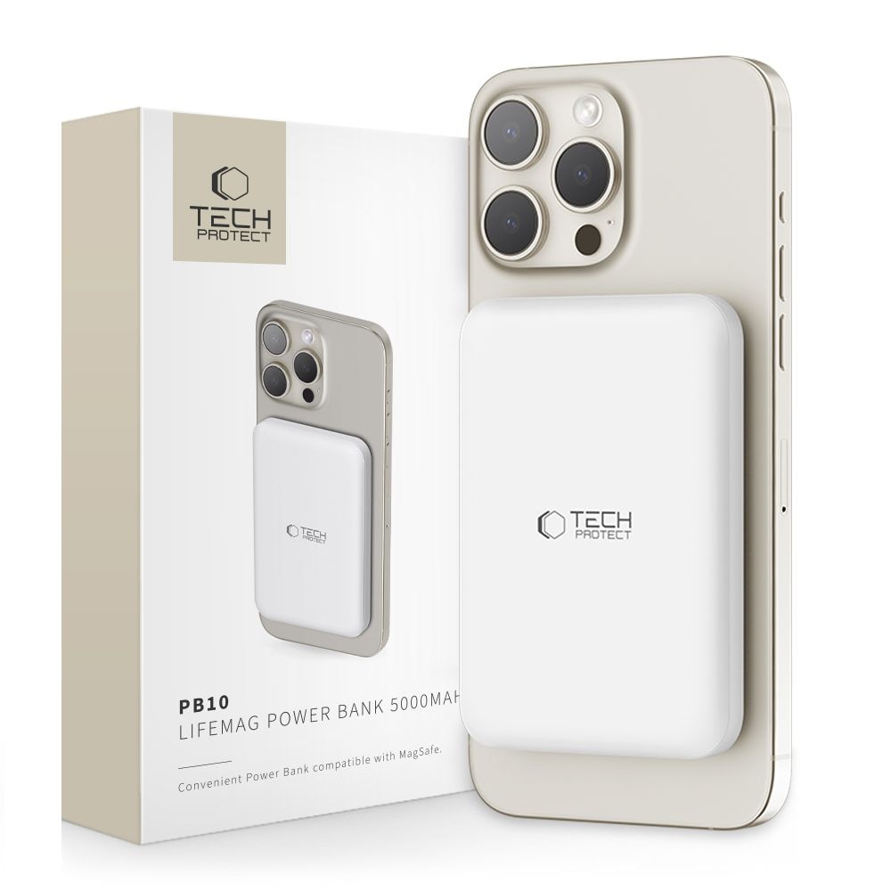 Tech-Protect LifeMag PB10 Powerbank med MagSafe 5000 mAh 15 W USB-C-port - hvit + USB-C-kabel