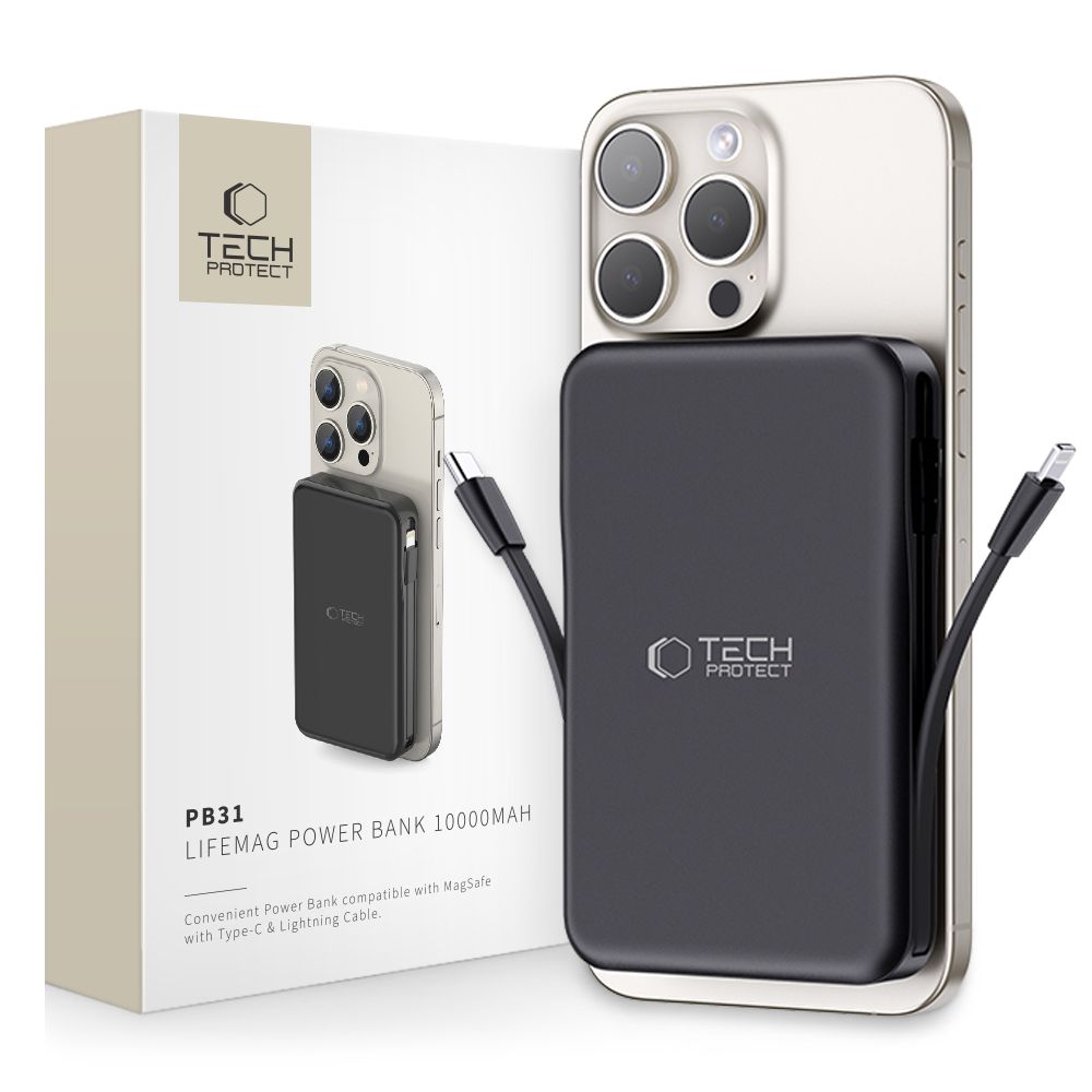Tech-Protect LifeMag PB31 10000mAh MagSafe Power Bank 15W USB-C/USB-A/innb. USB-C/Lightning - Svart