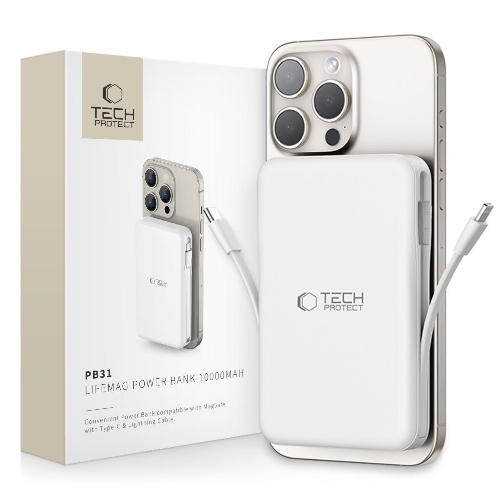 Tech-Protect LifeMag PB31 10,000mAh MagSafe Power Bank 15W med USB-C / USB-A / Lightning - Hvit