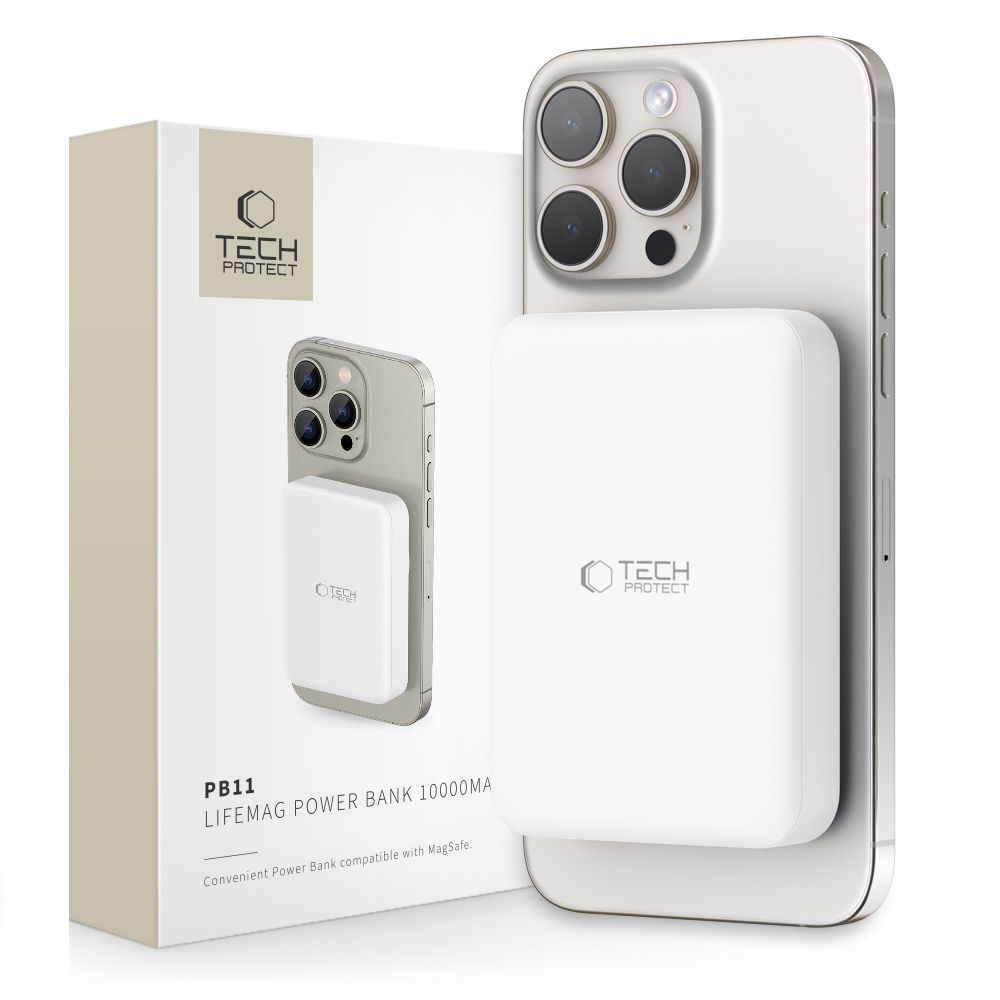 Tech-Protect LifeMag PB11 Powerbank med MagSafe 10000mAh 15W USB-C-port - hvit + USB-C-kabel