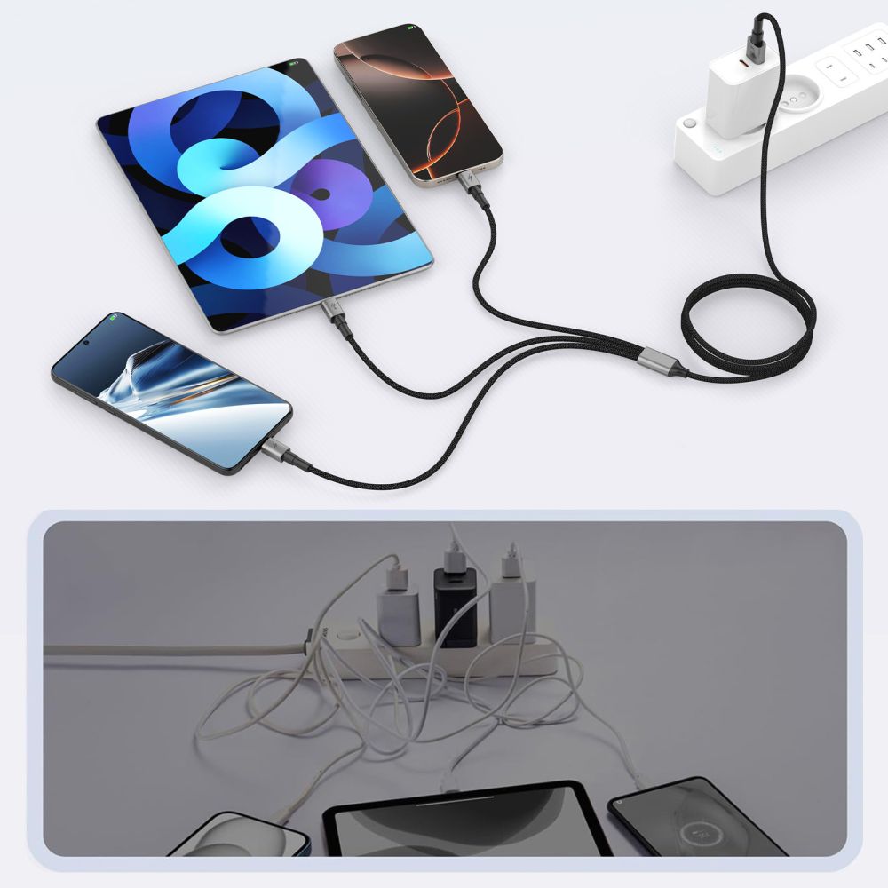 Tech-Protect UltraBoost DNA 3in1 USB-C / Micro-USB / Lightning-kabel 120 cm - grå