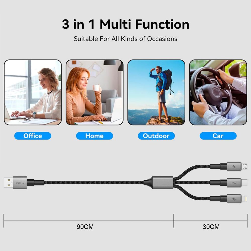 Tech-Protect UltraBoost DNA 3in1 USB-C / Micro-USB / Lightning-kabel 120 cm - grå