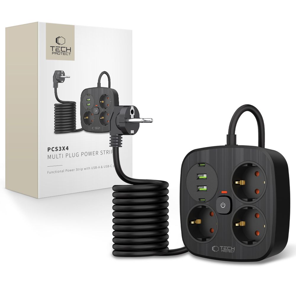 Tech-Protect PCS3X4 strømskinne, 3 stikkontakter, 2xUSB-A, 2xUSB-C 200 cm - svart