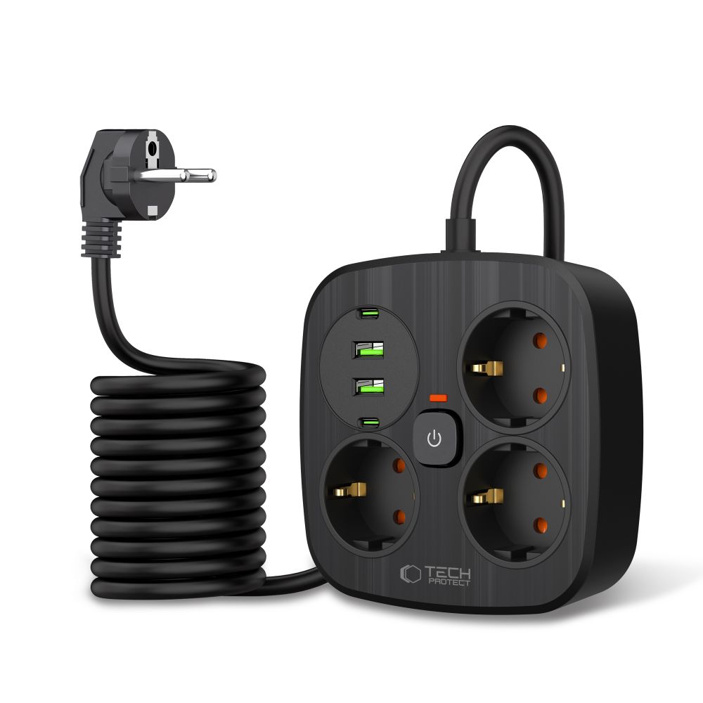 Tech-Protect PCS3X4 strømskinne, 3 stikkontakter, 2xUSB-A, 2xUSB-C 200 cm - svart