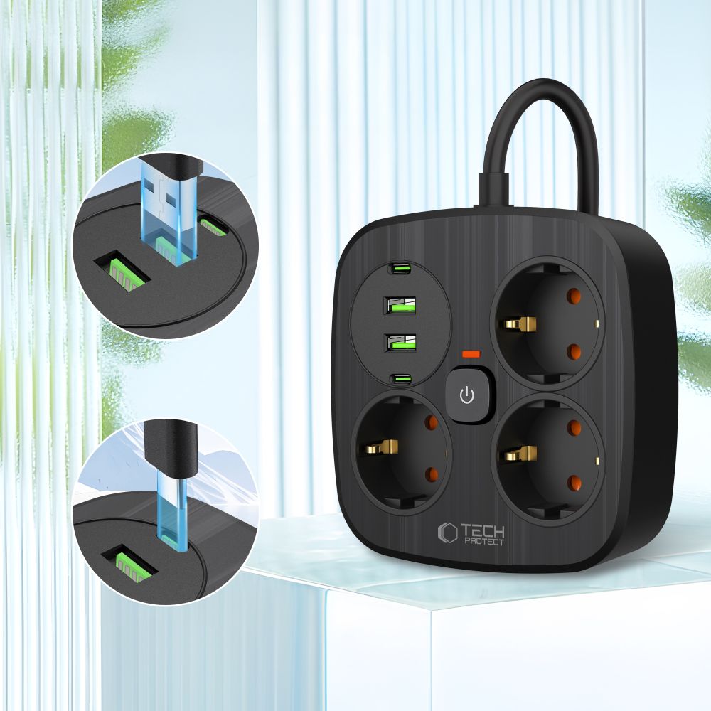 Tech-Protect PCS3X4 strømskinne, 3 stikkontakter, 2xUSB-A, 2xUSB-C 200 cm - svart
