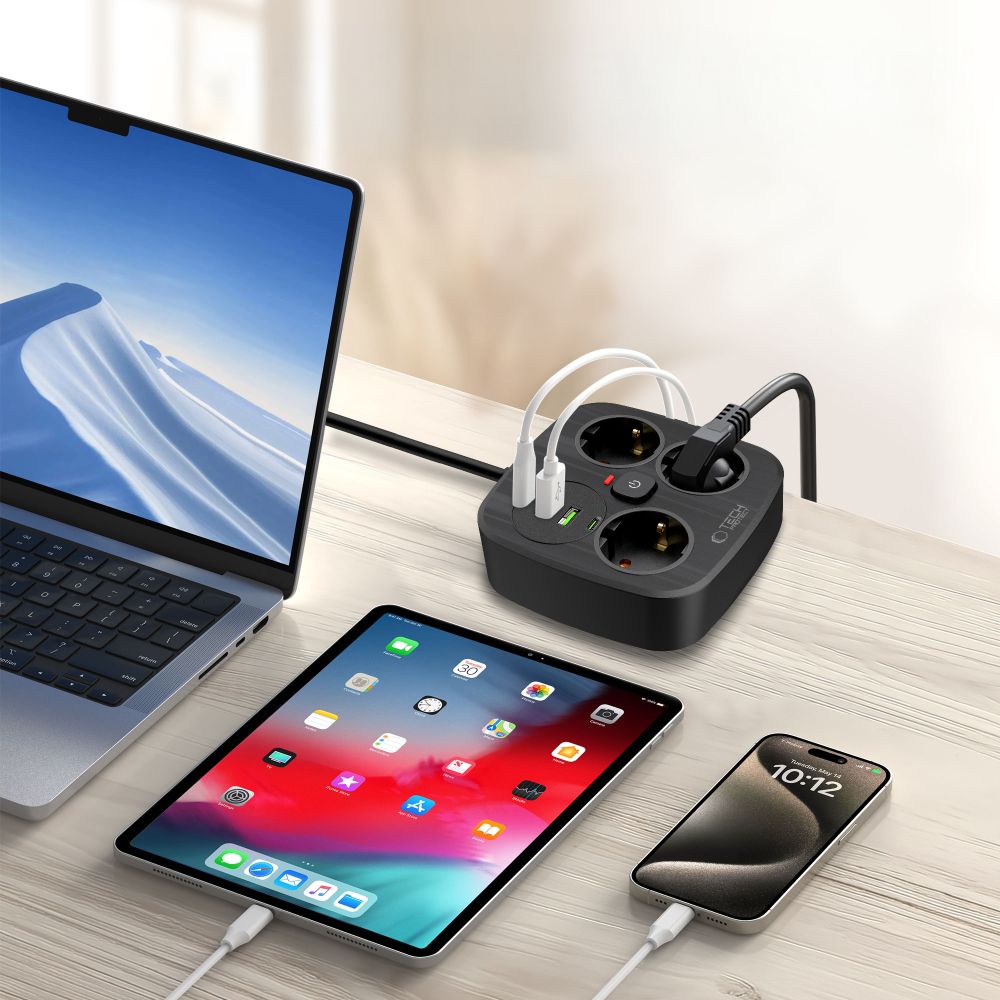 Tech-Protect PCS3X4 strømskinne, 3 stikkontakter, 2xUSB-A, 2xUSB-C 200 cm - svart