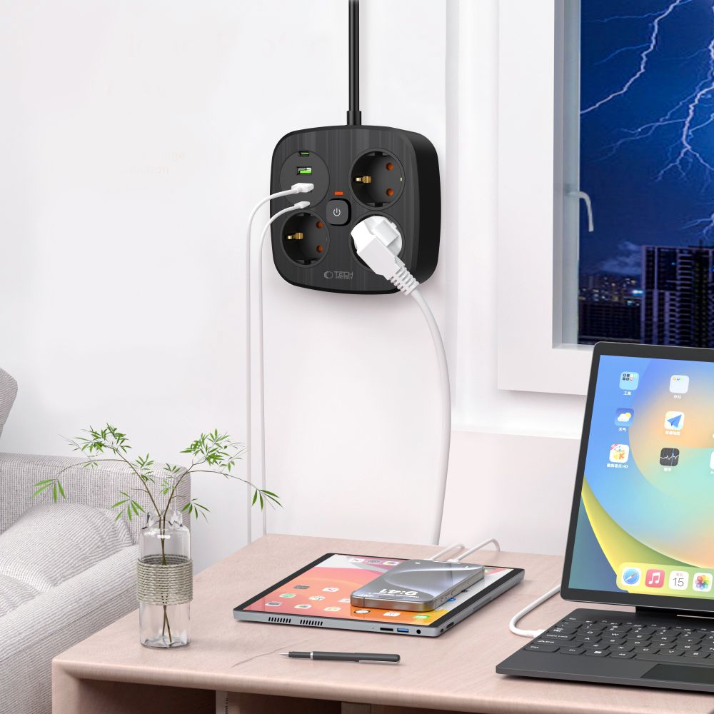 Tech-Protect PCS3X4 strømskinne, 3 stikkontakter, 2xUSB-A, 2xUSB-C 200 cm - svart