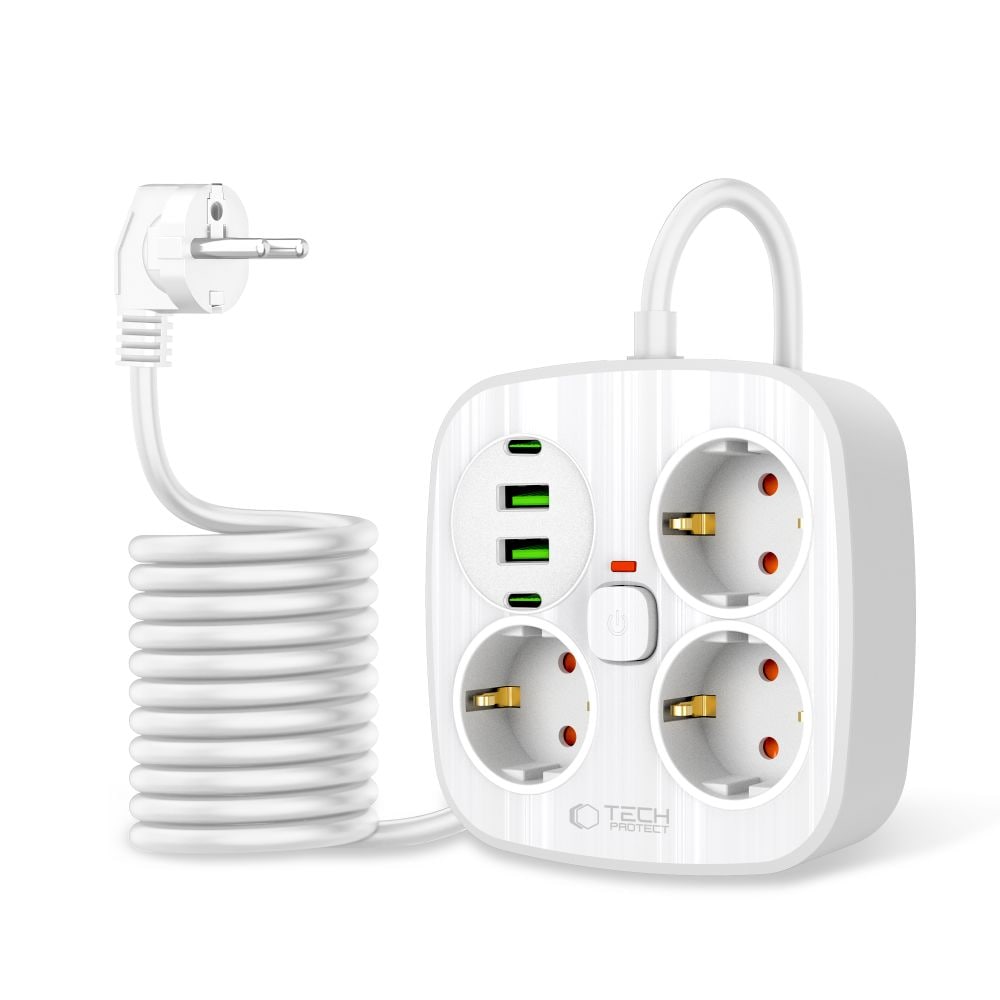 Tech-Protect PCS3X4 strømskinne, 3 stikkontakter, 2xUSB-A, 2xUSB-C 200 cm - hvit