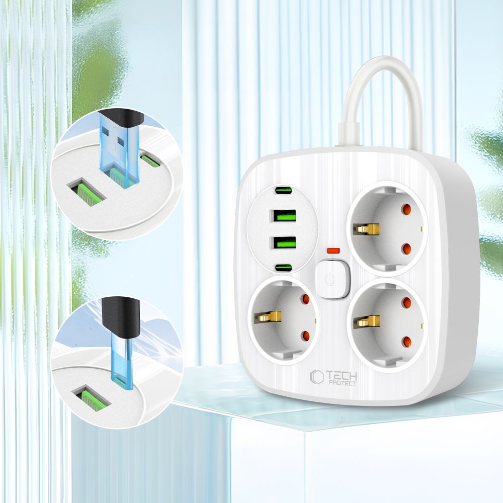 Tech-Protect PCS3X4 strømskinne, 3 stikkontakter, 2xUSB-A, 2xUSB-C 200 cm - hvit