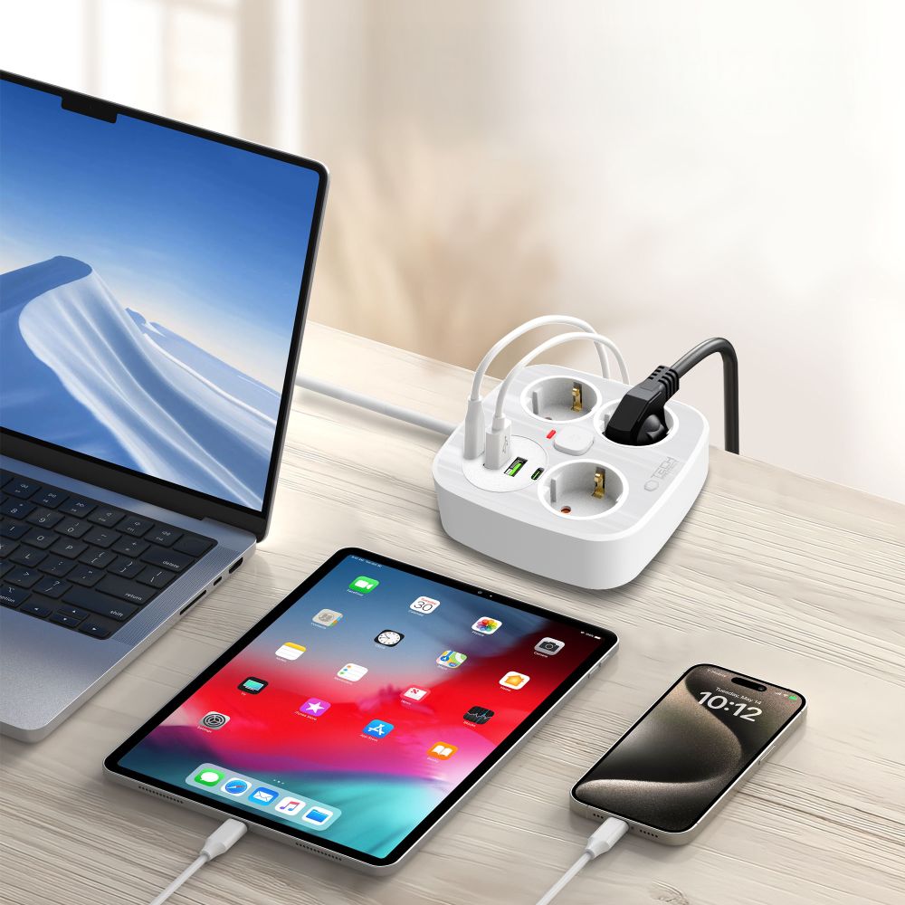 Tech-Protect PCS3X4 strømskinne, 3 stikkontakter, 2xUSB-A, 2xUSB-C 200 cm - hvit