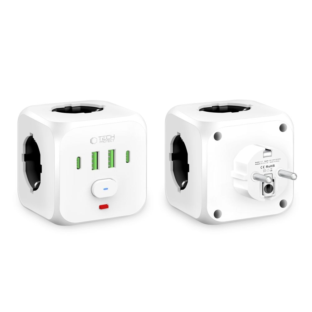Strømuttak med 3 x Schuko, 2 x USB-A og 2 x USB-C - 100-240 V