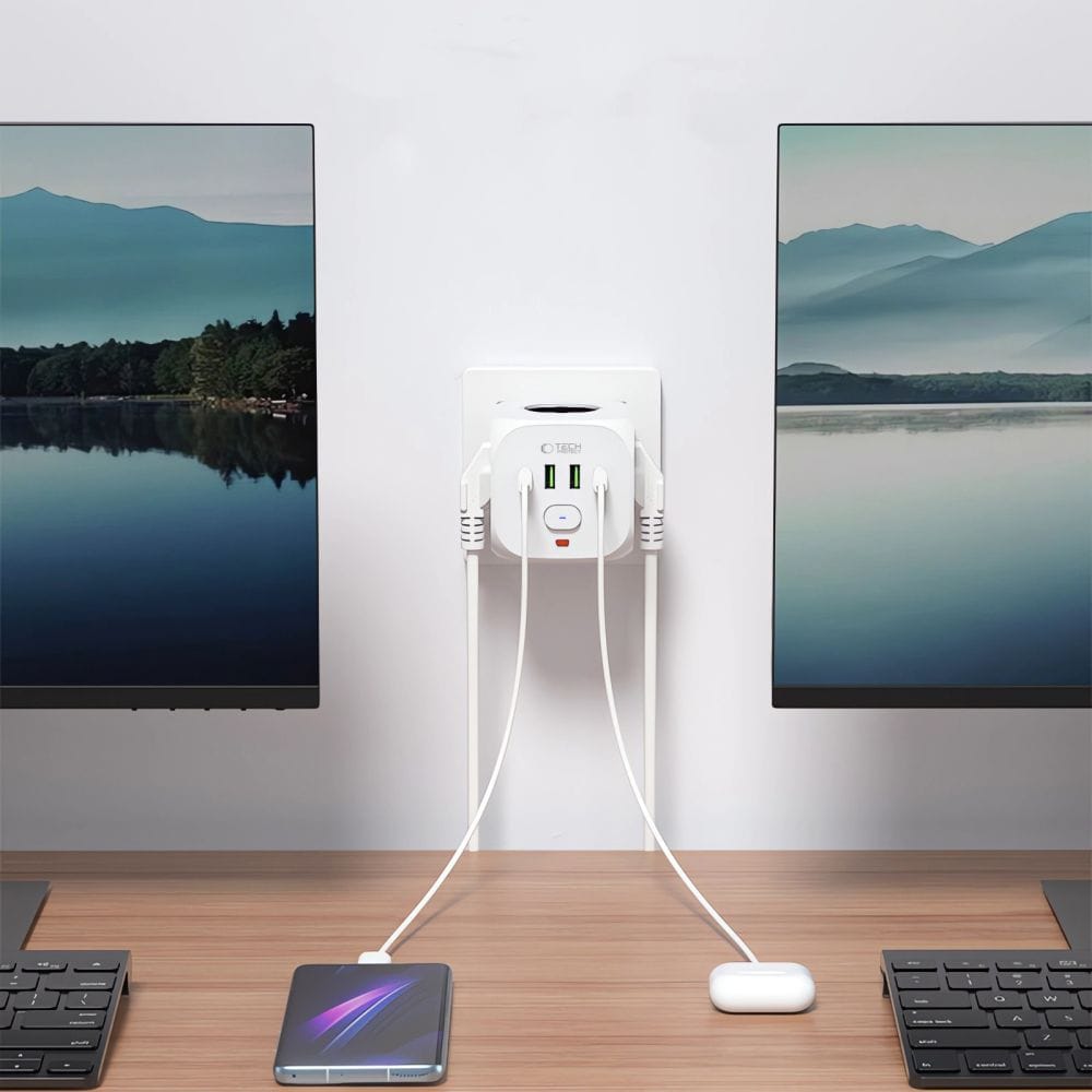 Strømuttak med 3 x Schuko, 2 x USB-A og 2 x USB-C - 100-240 V