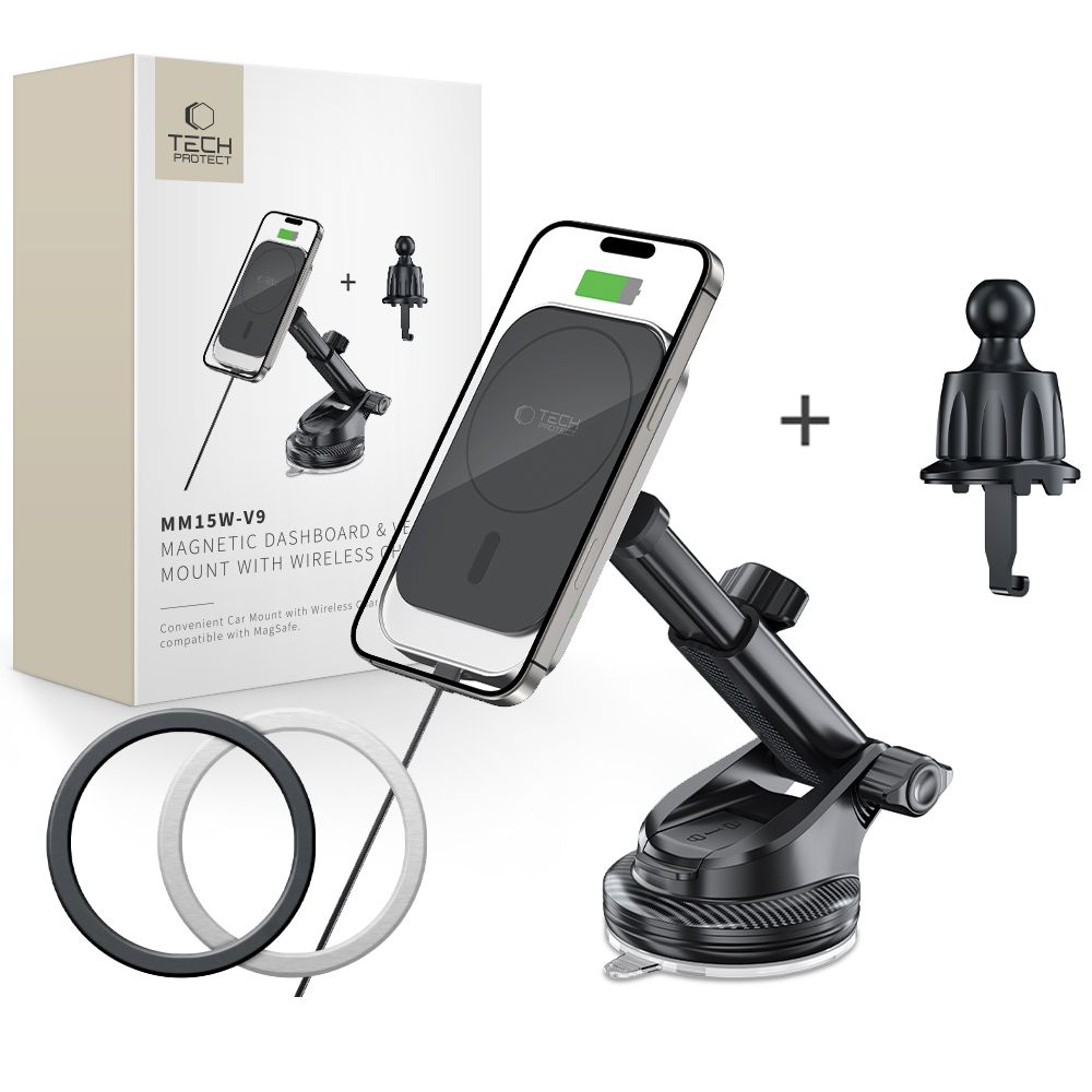 Tech-Protect MM15W-V9 bilholder med MagSafe for dashbord og luftventil 15W - svart