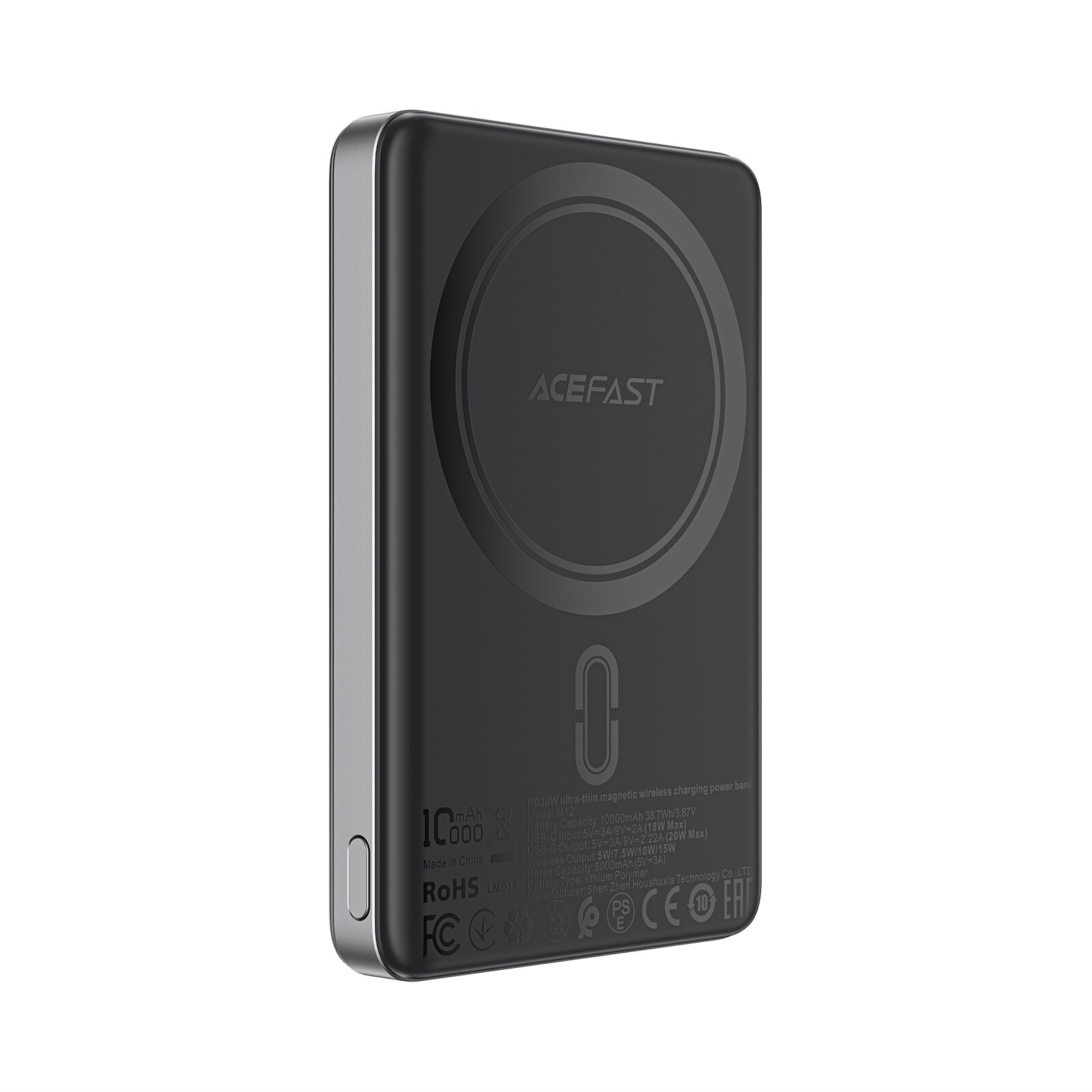Powerbank Acefast M12-10000 PD20W ultratynn, MagSafe-kompatibel - svart