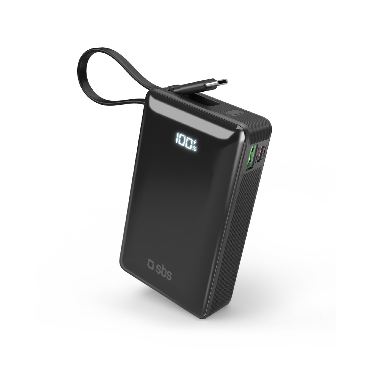 Powerbank SBS 20000 mAh 20W med innebygd USB-C-kabel og digitalt display - svart