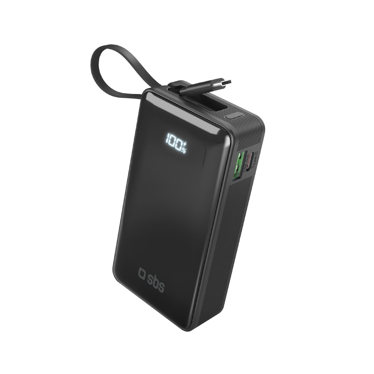 Powerbank SBS 10000 mAh 20W med innebygd USB-C-kabel og digitalt display - svart