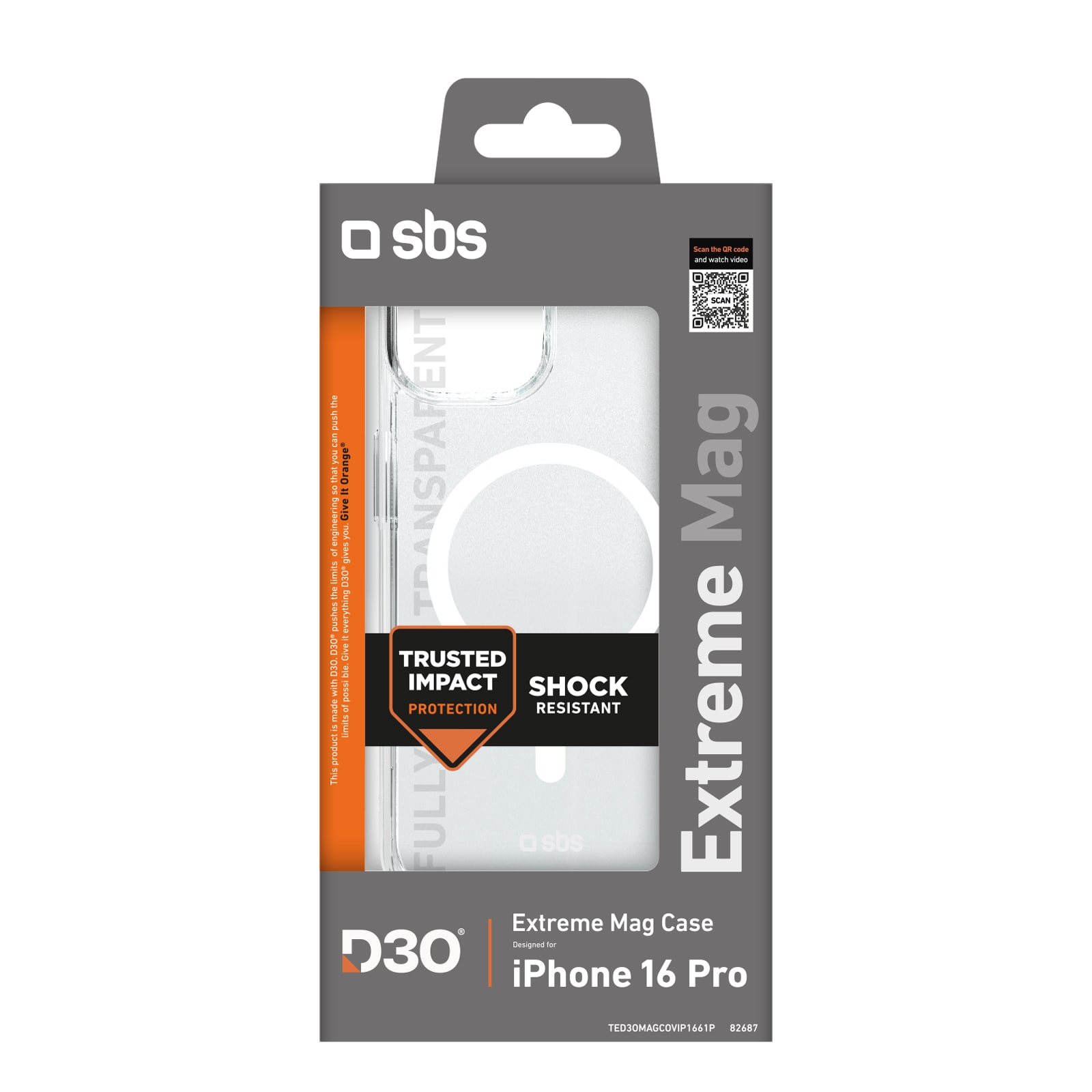 SBS Extreme Mag D3O MagSafe-etui for iPhone 16 Pro - gjennomsiktig