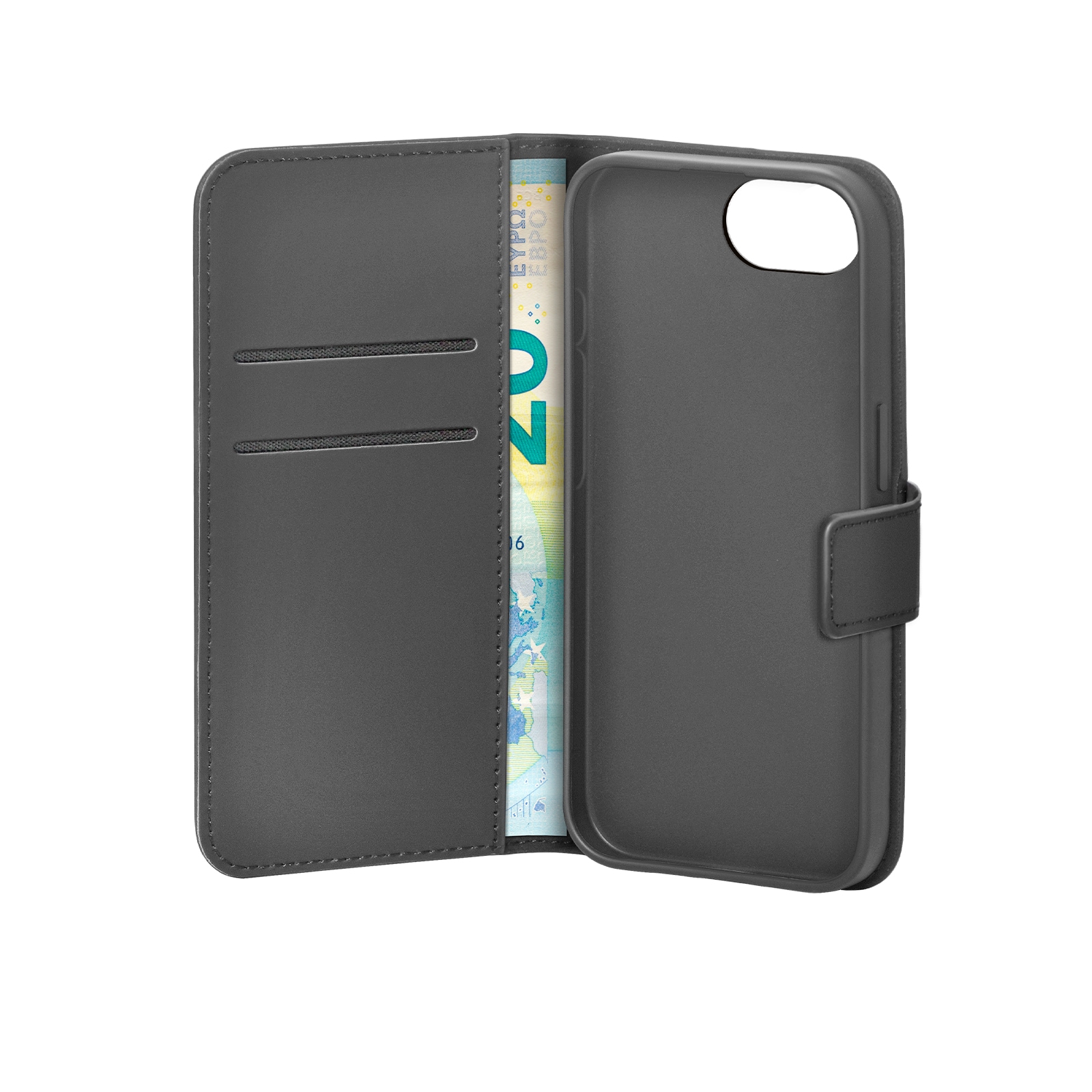 Puro Eco-Leather-etui for iPhone 16E m/horiz.flip+2 kortspor+seddellomme+deksel Svart