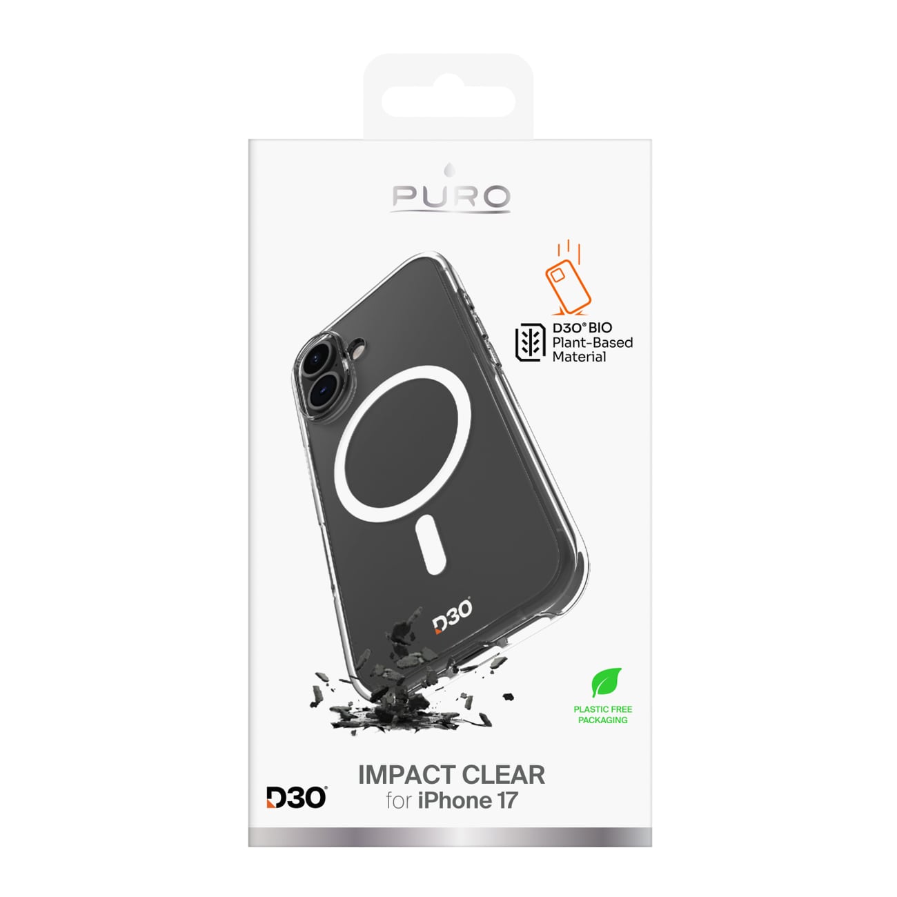 Puro Impact Clear D3O TPU+PC MagSafe-kompatibelt etui for iPhone 17 - gjennomsiktig