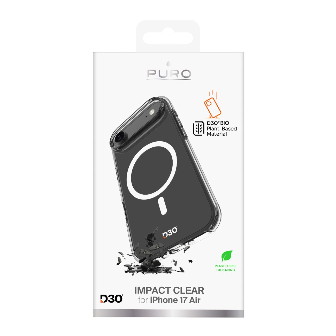 Puro Impact Clear D3O TPU+PC MagSafe-kompatibelt etui for iPhone 17 Air - gjennomsiktig