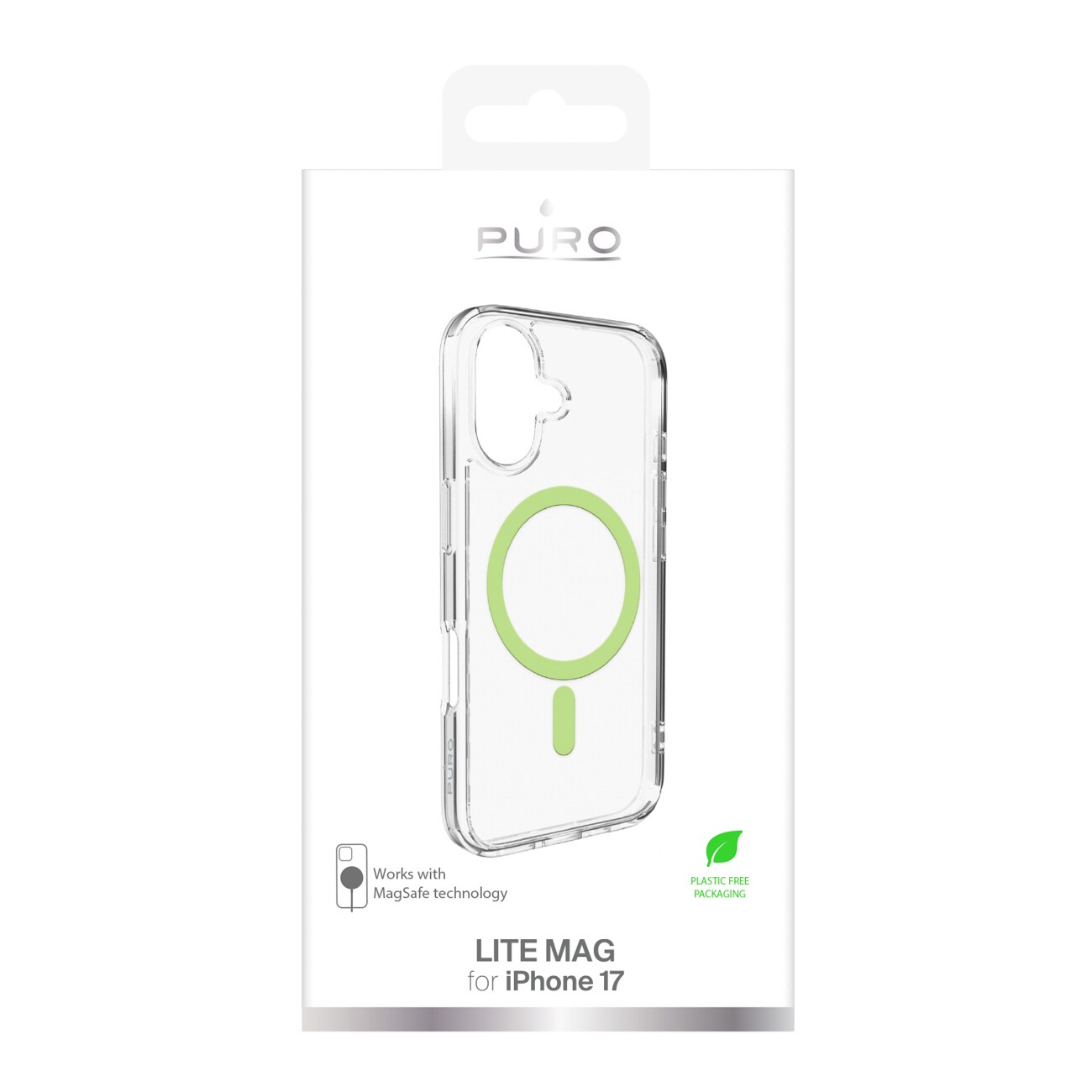 Puro Lite Mag TPU+PC-etui kompatibelt med MagSafe for iPhone 17 - gjennomsiktig med grønn ring