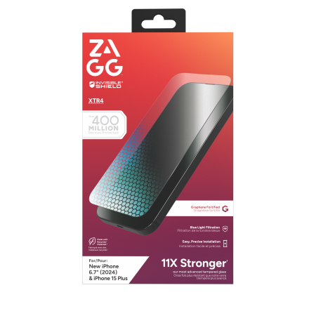 ZAGG InvisibleShield Glass XTR4 Graphene-beskyttelsesglass m/ blått lysfilter for iPhone 15/16 Plus