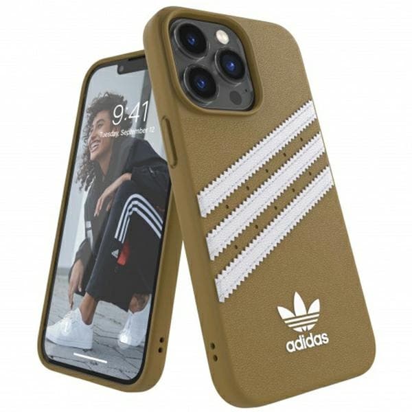 Adidas OR Støpt PU-etui for iPhone 13 Pro Max - Beige og gull