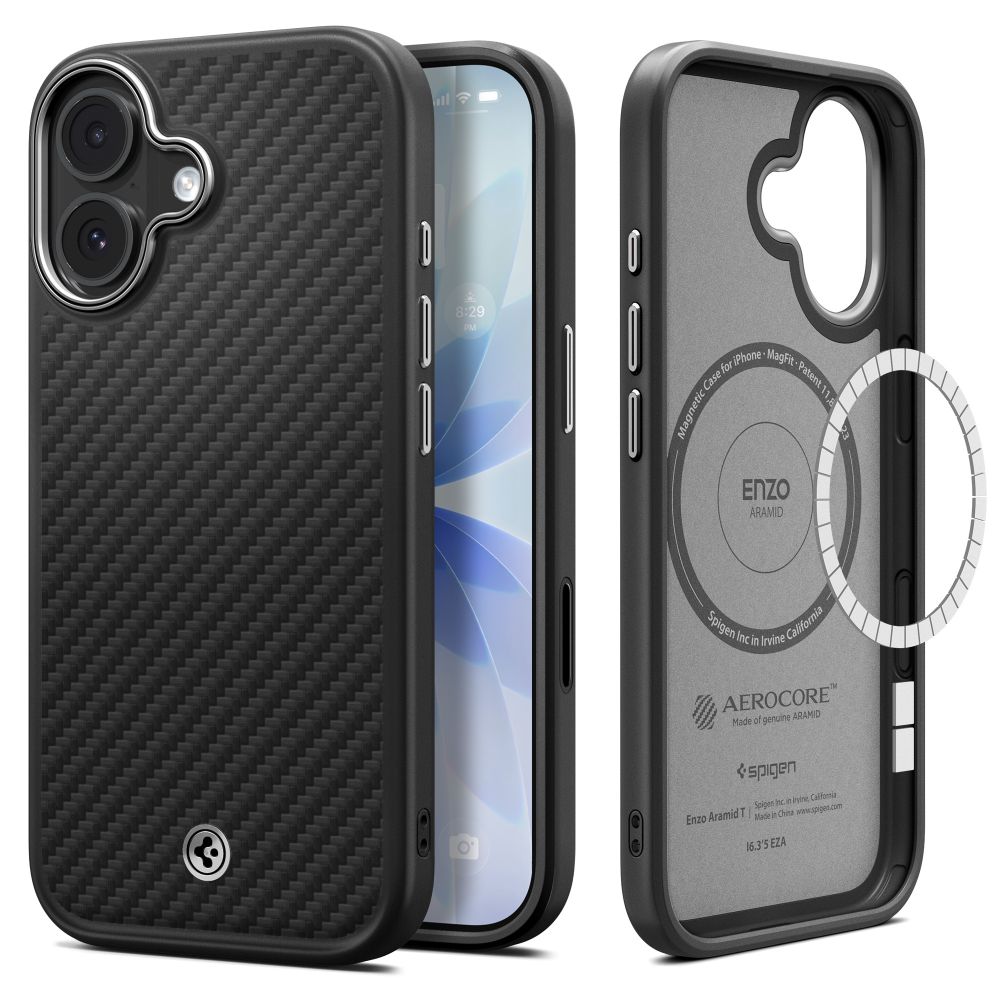 Spigen Enzo Aramid "T" MagSafe-etui for iPhone 17 - svart og sølv