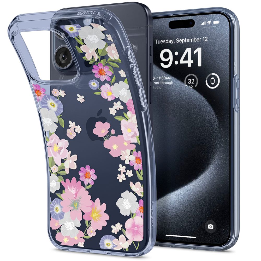 Spigen Flytende krystall iPhone 15 Pro-etui - rosa og blå blomster
