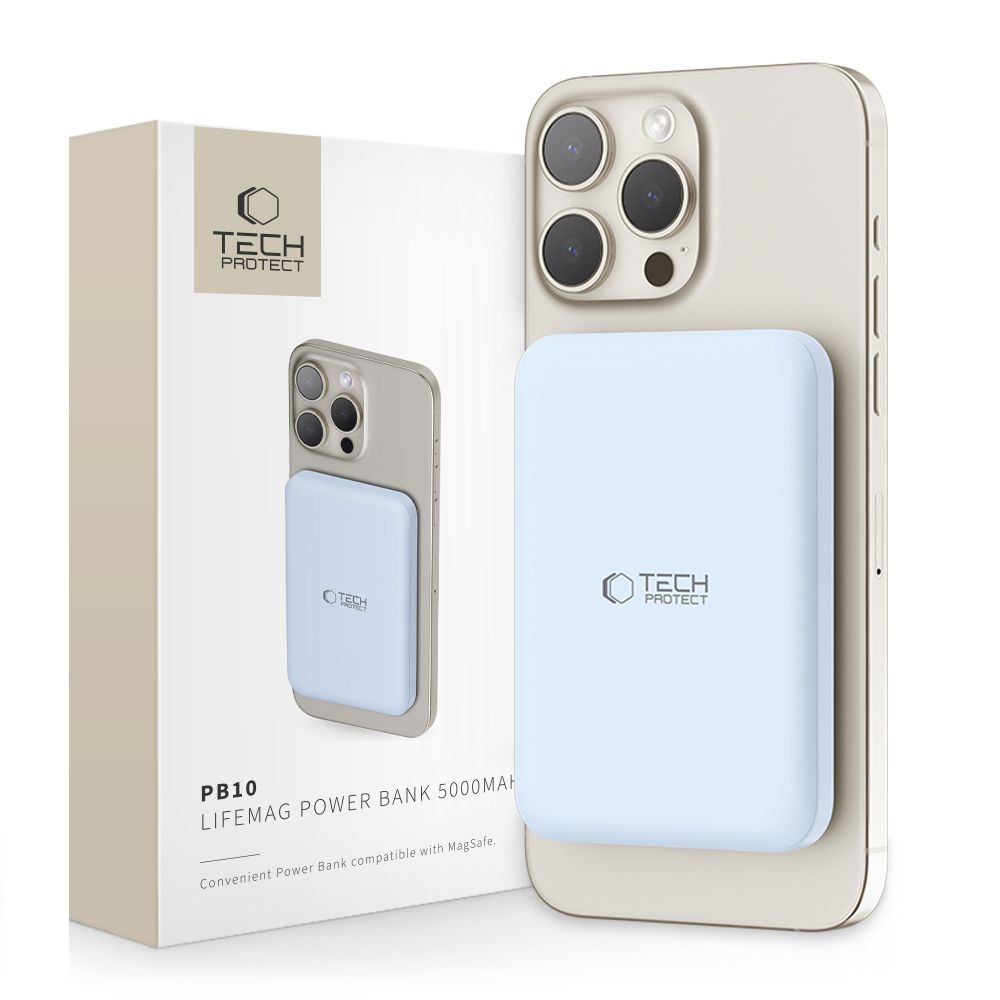 Tech-Protect LifeMag PB10 Powerbank med MagSafe 5000 mAh 15 W USB-C-port - blå + USB-C-kabel