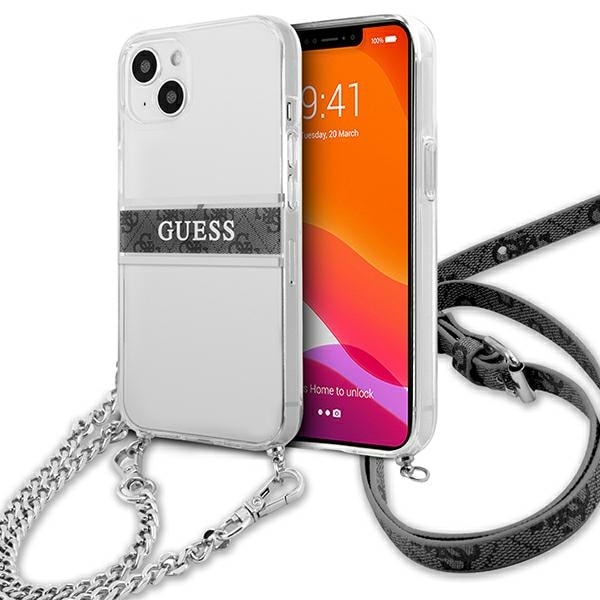 Guess GUHCP13SKC4GBSI iPhone 13 mini 5,4" gjennomsiktig hardcase 4G grå stropp sølvkjede