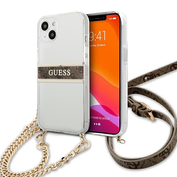 Guess GUHCP13SKC4GBGO iPhone 13 mini 5,4" gjennomsiktig hardcase 4G brun stropp gullkjede