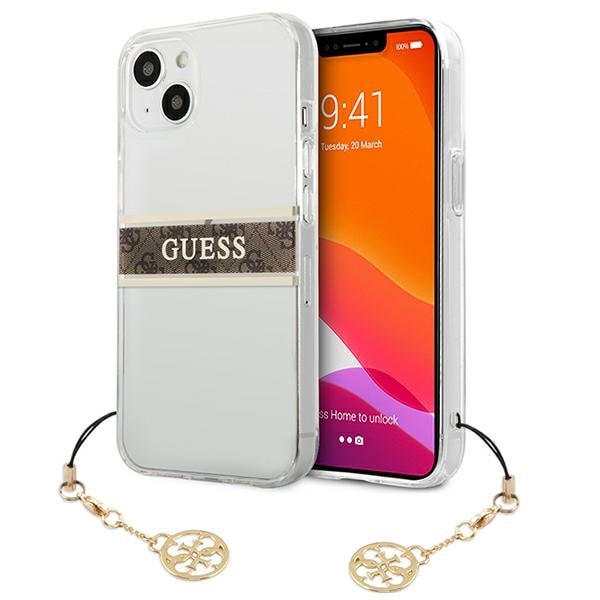 Guess GUHCP13SKB4GBR iPhone 13 mini 5,4" gjennomsiktig hardcase 4G Brown Strap Charm