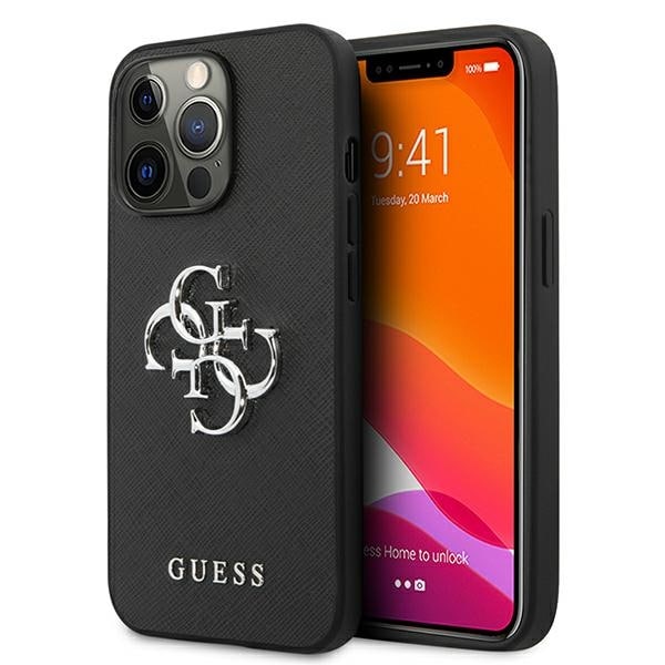 Guess Saffiano 4G metallogoetui for iPhone 13 Pro / 13 6,1" - svart