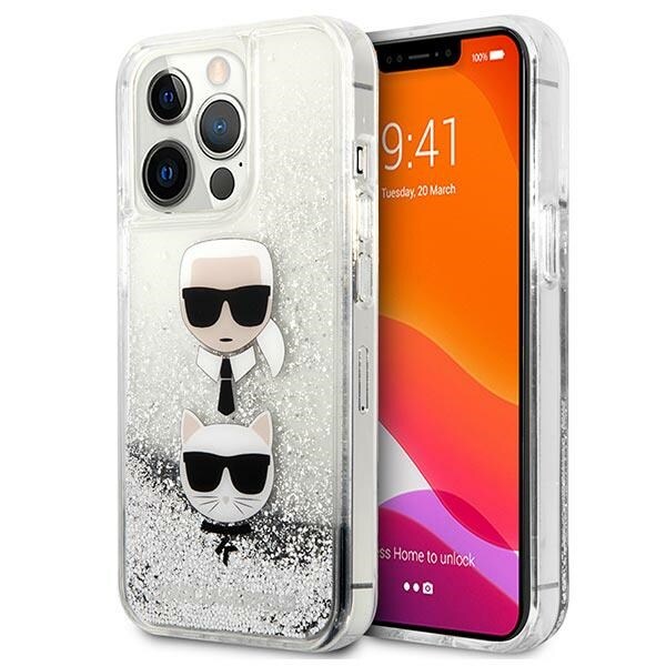 Karl Lagerfeld Liquid Glitter Karl&Choupette Head-etui til iPhone 13 Pro Max - sølv
