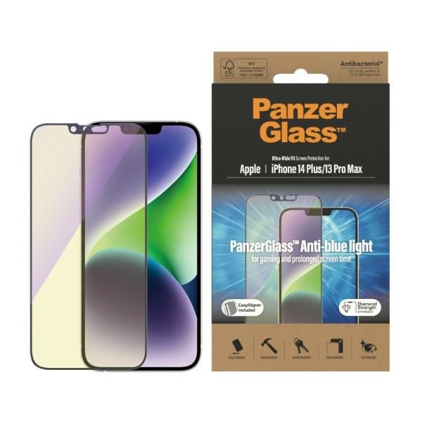 PanzerGlass Ultra-wide Fit Antibakterielt glass med blått lysfilter for iPhone 14 Plus / 13 Pro Max