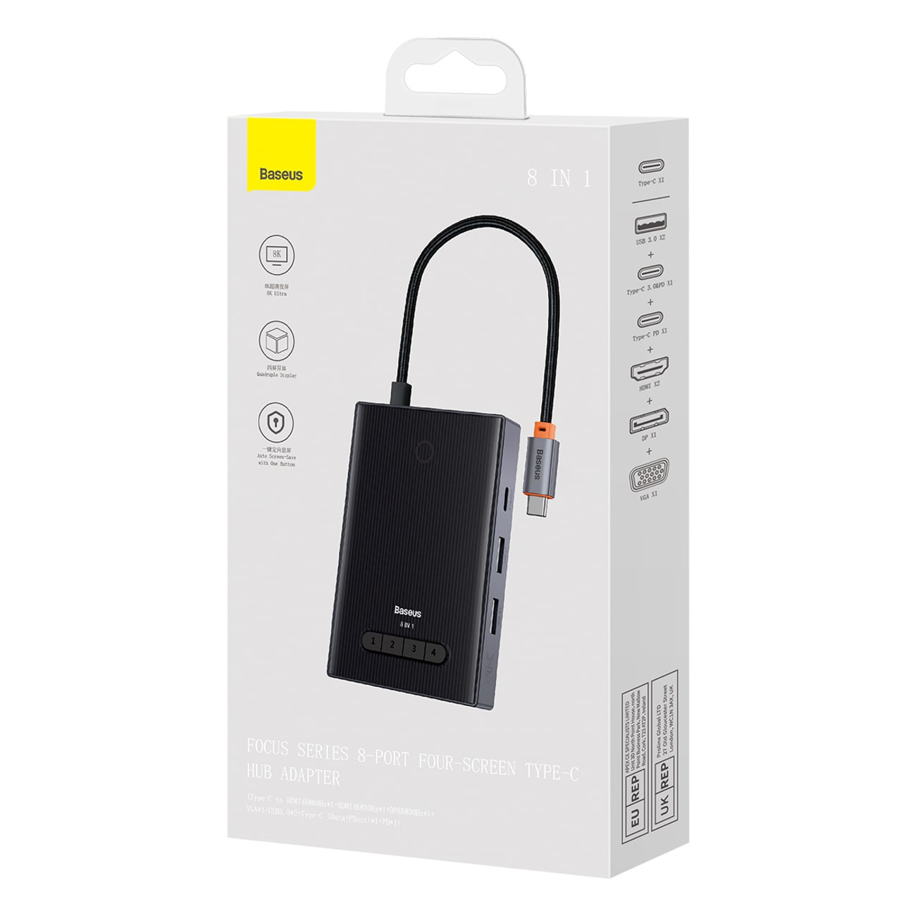 Baseus PioneerJoy 8-in-1 USB-C Hub: HDMI 4K@60Hz, 30Hz, DP 8K@30Hz, VGA, 2 USB-A, 2 USB-C - Gray