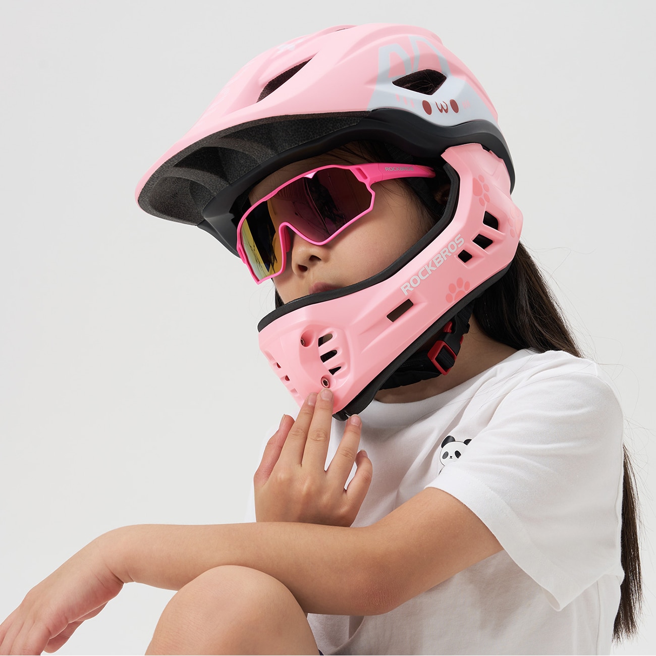 Rockbros TT-32002 Rabbit sykkelhjelm for barn med avtakbar hake Størrelse M (54-58) - Rosa