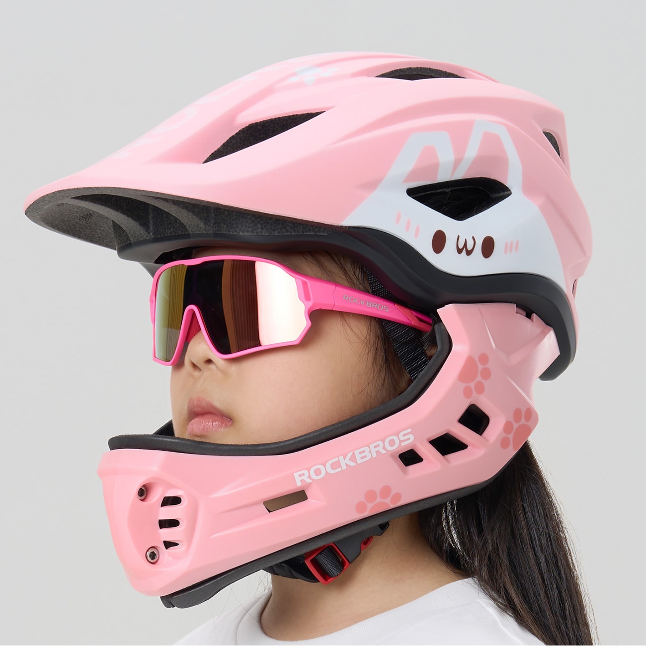 Rockbros TT-32002 Rabbit sykkelhjelm for barn med avtakbar hake Størrelse M (54-58) - Rosa