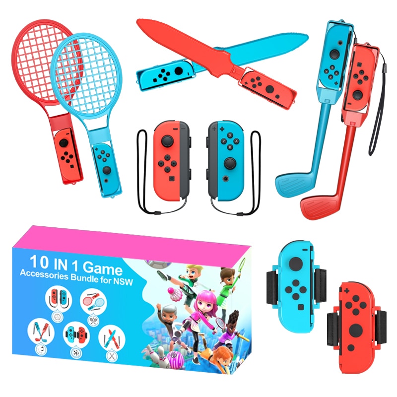 Nintendo Switch Sports tilbehørspakke 10 deler / familiepakke / sportsutstyr til Joy-Con i rødt og blått