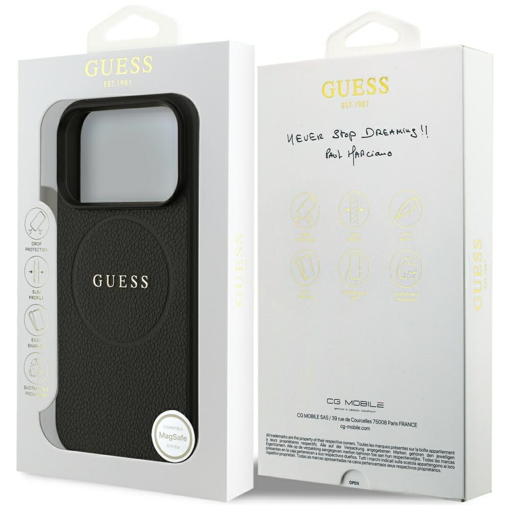 Guess MagSafe-etui med kornet ring for iPhone 17 Pro - svart