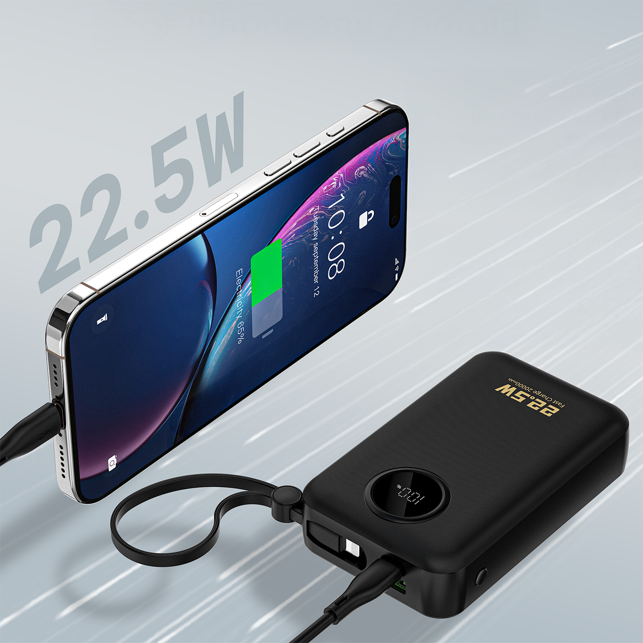 Dudao K14+ Powerbank 20000mAh 22,5W USB-C / USB-A / innebygde Lightning- og USB-C-kabler - Svart