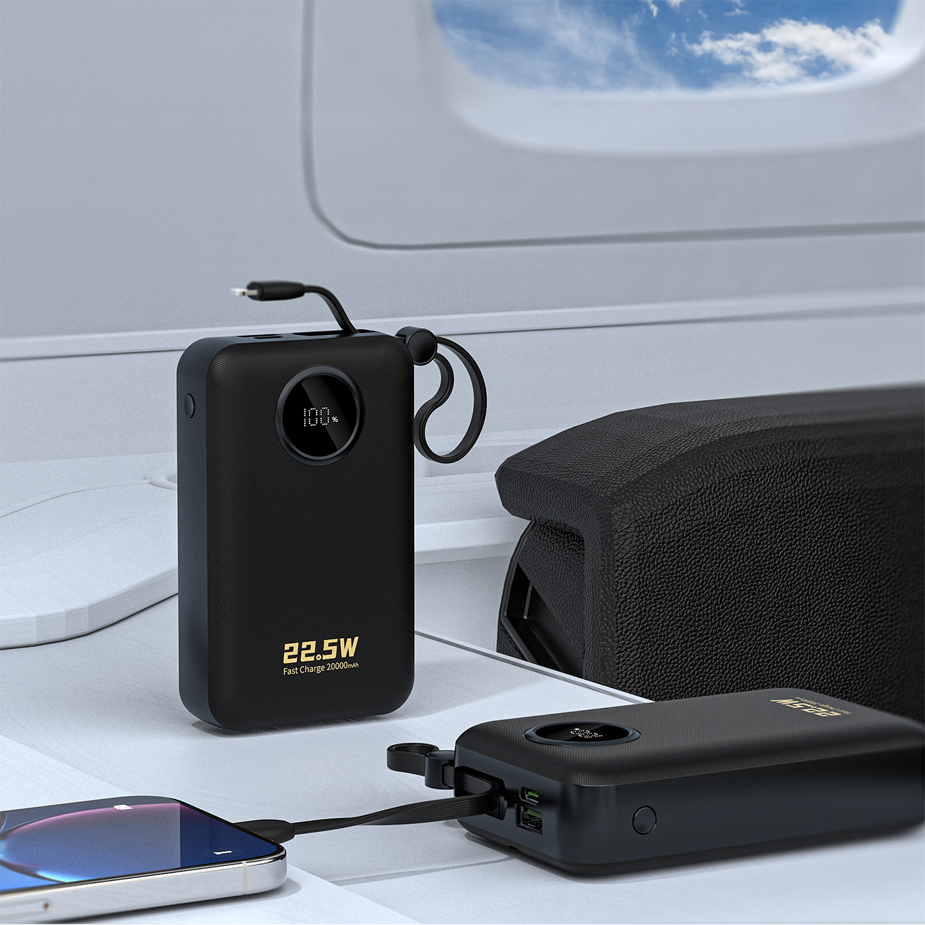 Dudao K14+ Powerbank 20000mAh 22,5W USB-C / USB-A / innebygde Lightning- og USB-C-kabler - Svart