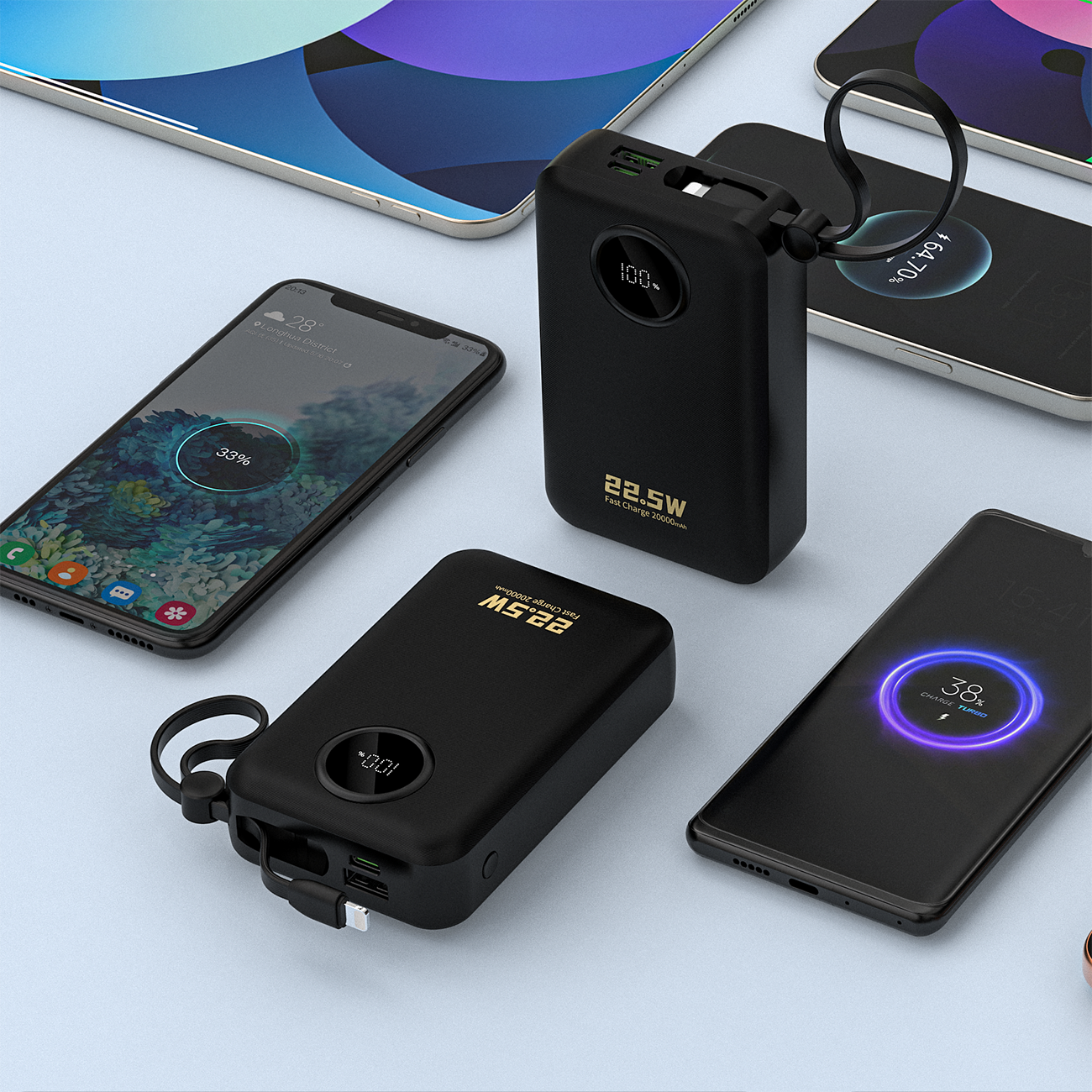 Dudao K14+ Powerbank 20000mAh 22,5W USB-C / USB-A / innebygde Lightning- og USB-C-kabler - Svart