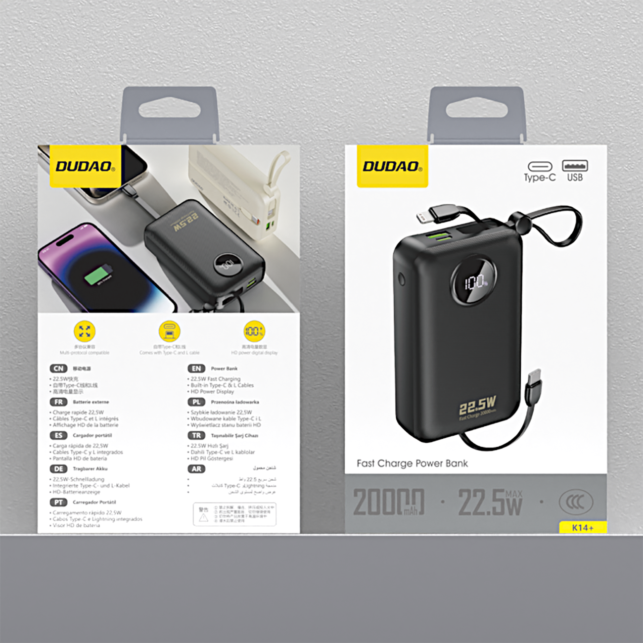 Dudao K14+ Powerbank 20000mAh 22,5W USB-C / USB-A / innebygde Lightning- og USB-C-kabler - Svart