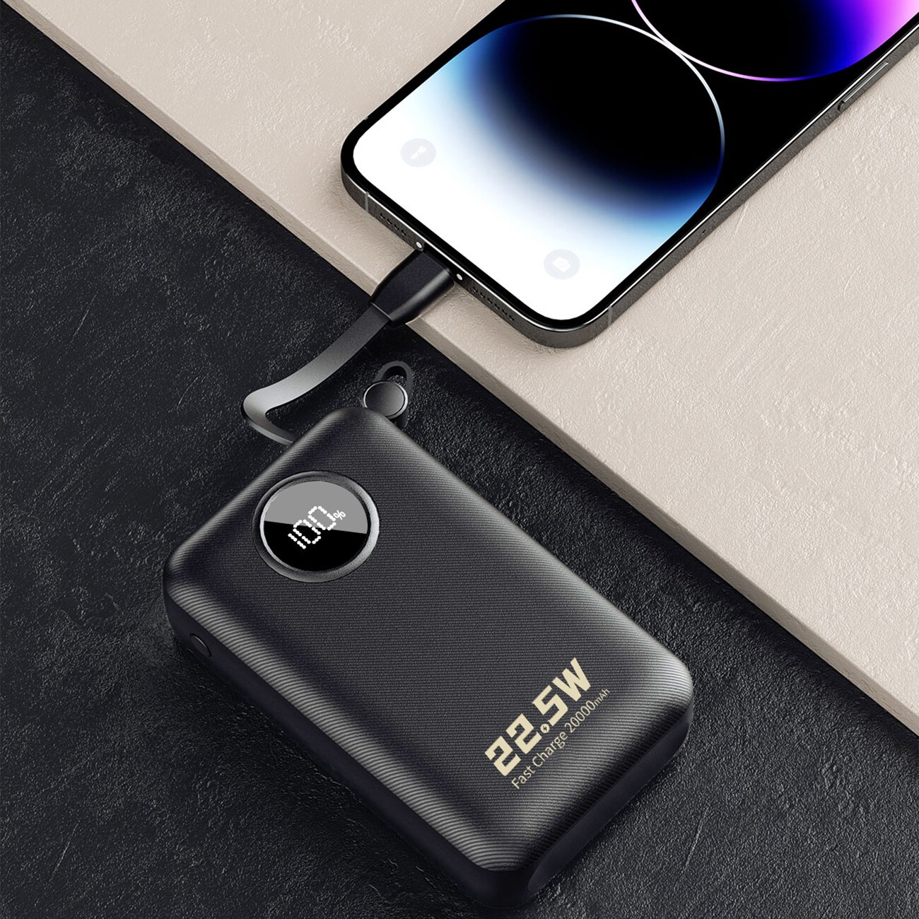 Dudao K14+ Powerbank 20000mAh 22,5W USB-C / USB-A / innebygde Lightning- og USB-C-kabler - Svart