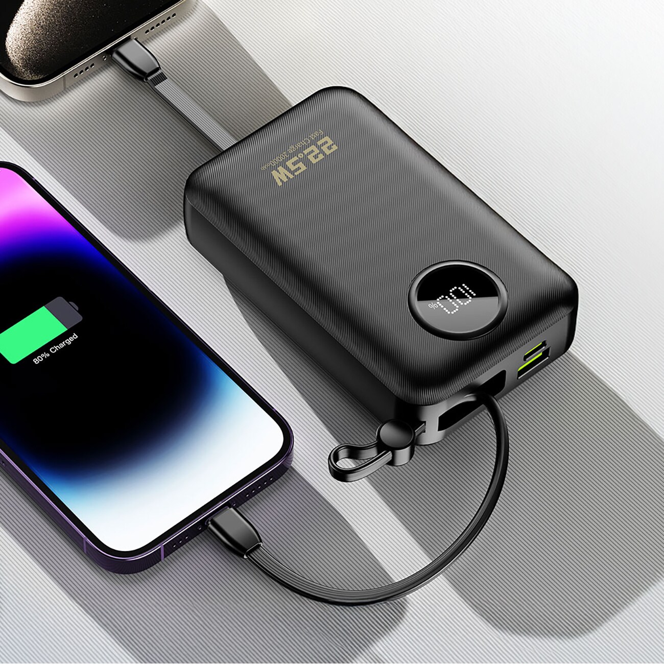 Dudao K14+ Powerbank 20000mAh 22,5W USB-C / USB-A / innebygde Lightning- og USB-C-kabler - Svart