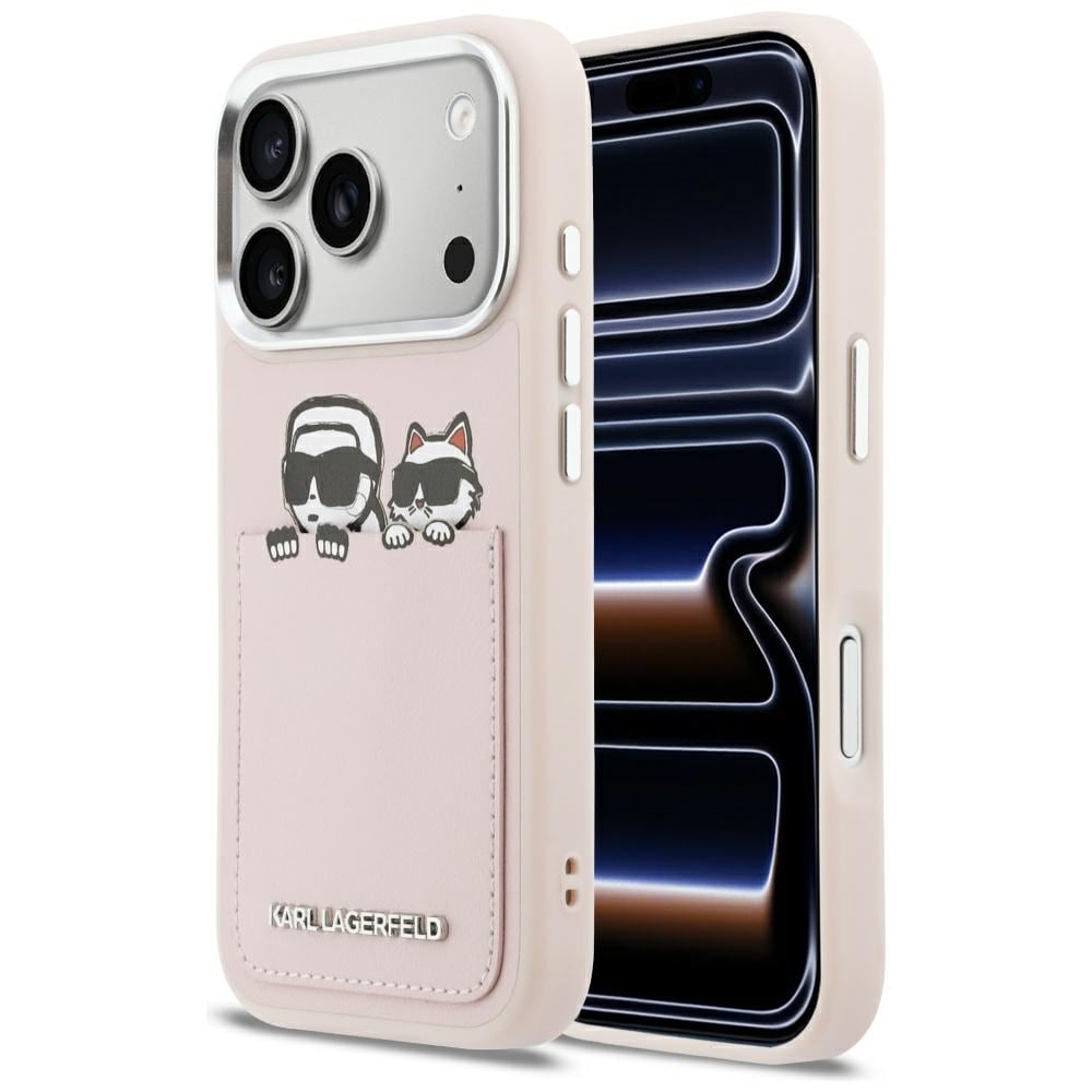 Karl Lagerfeld Karl & Choupette-etui med trykk og lomme til iPhone 17 Pro Max - Rosa