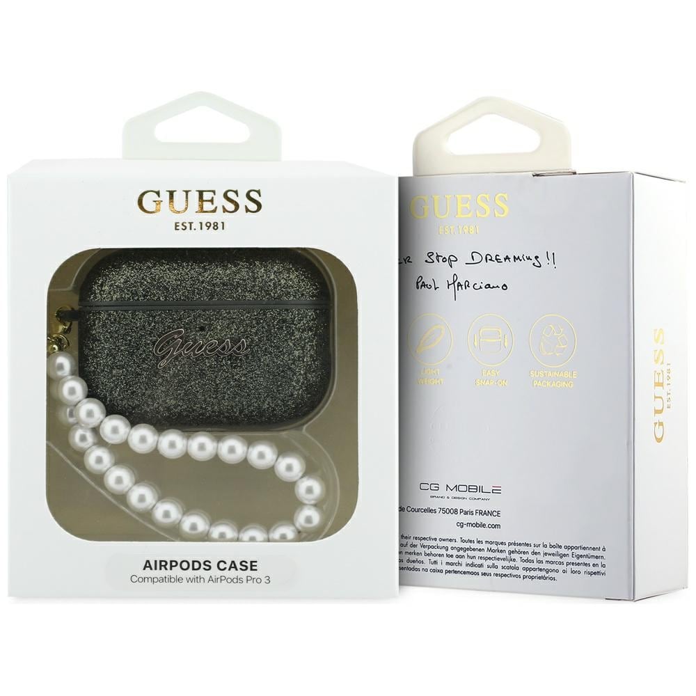 Guess Glitter Pearl Strap-etui for AirPods Pro 3 - svart og glitter